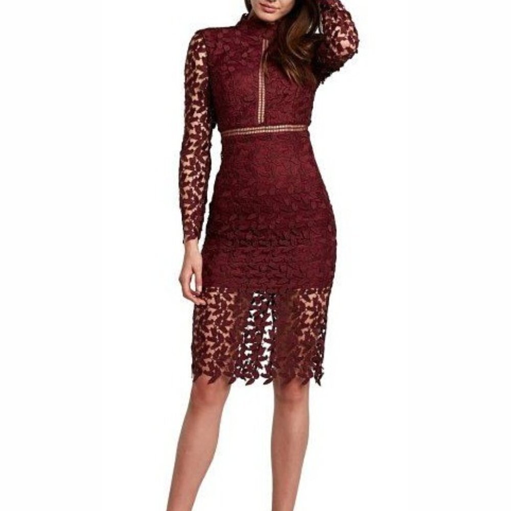 Bardot Women's Burgundy Alberta Lace Long Sleeve Body-Con Dress - M